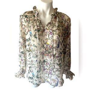H&M Women’s Cream Birds And Floral Long Sleeve Sheer Peasant Blouse Size 8